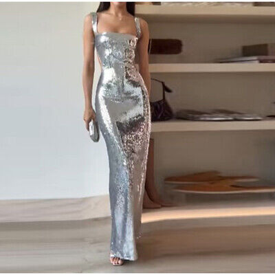 Sexy Glam Siren Sling Backless Glitter Maxi Dress Shiny Bling Evening Party Dress With Leg Slit