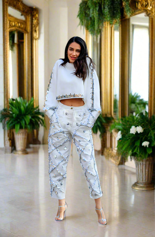 French Fashion Women's Solid Color Sequined Knitted Diamond Pattern Sequin Pants Sweater Winter Fashionable Sequin Winter Women's Sets