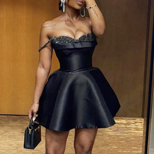 Lady Sexy Off Shoulder Pleated Suspender Dress Casual Sleeveless High Waist Party Dress Black Sequin Patchwork Slim A-line Dress