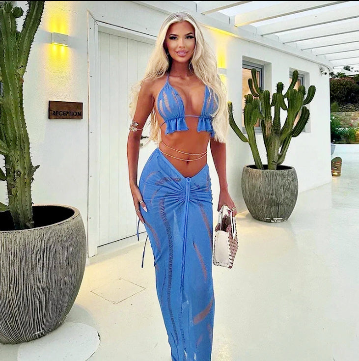 2025 Summer Women's Sexy Hollow Mesh Beach Backless Tops Drawstring Long Skirts Elegant Sexy Party Dresses Club Outfits