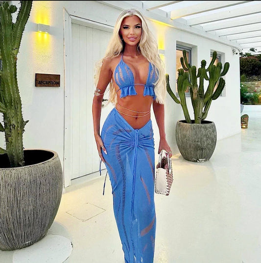 2025 Summer Women's Sexy Hollow Mesh Beach Backless Tops Drawstring Long Skirts Elegant Sexy Party Dresses Club Outfits