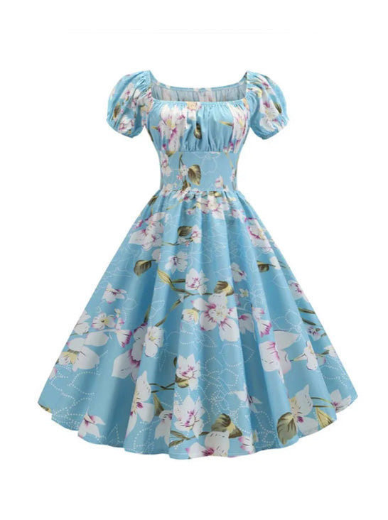 S-XXL Women's Vintage Floral Print Puff Sleeve Midi Dress Elegant A-line Rockabilly Pinup Summer Party Chic