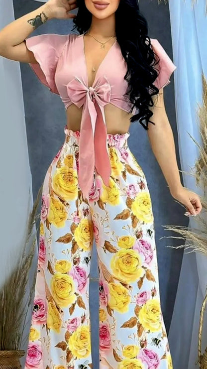 Women's Vacay Outfit Two Piece Set Sexy Tie Up Top Floral Print & Wide Leg Pant Set Suits Women's Outfits Casual Clothes Female Pants Suit