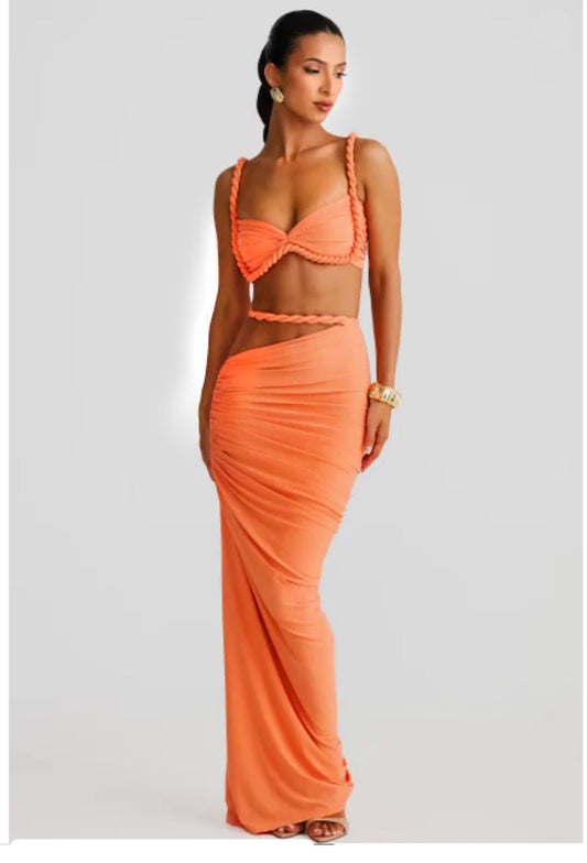 Sexy Stunning Hot Solid Pleated Crop Summer Stunner High Waist Maxi Skirt 2pcs Sets Fun Trendy Vacation Dress Outfits Model Insta Famous Dress