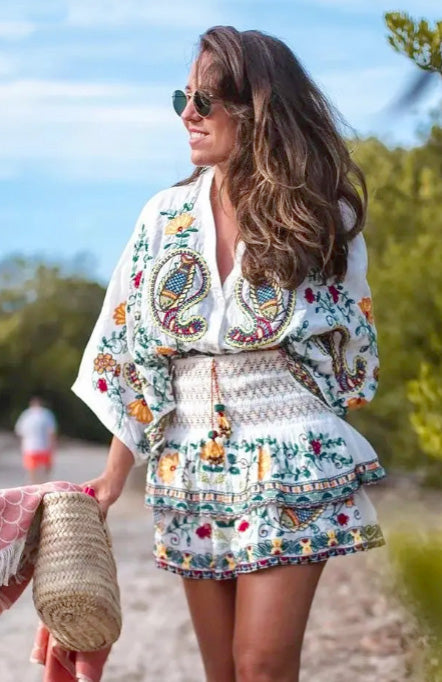 Batwing Sleeve Women Embroidery Paisley Print Skirt Set Outfits V Neck Button Tiered Mini Skirt Dress Suit Vintage Set BOHO Cute Vacay Outfit