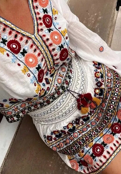 Batwing Sleeve Women Embroidery Paisley Print Skirt Set Outfits V Neck Button Tiered Mini Skirt Dress Suit Vintage Set BOHO Cute Vacay Outfit