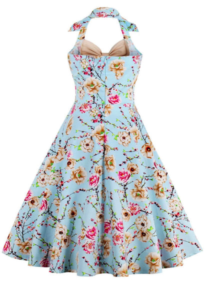 Floral Print Halter Vintage Tunic Dress 50s 60s Elegant V Neck Party Casual Retro Big Swing Bow Dress Rockabilly Women Clothing