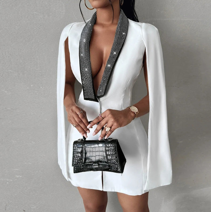 White Party Rhinestone Low Cut Tuxedo Cocktail Dress Jacket Notched Collar Cape Sleeves Mini Blazer Dress