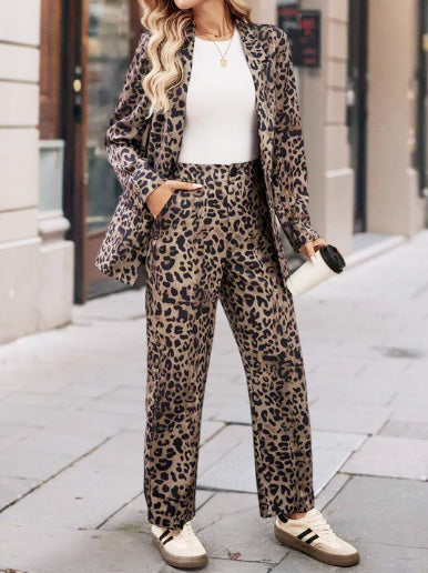 Leopard Printed Jacket Pants Suit Women Elegant Lapel Commuting Long Sleeved Pants 2-piece Set New 2025 Office Pants Formal Outfit