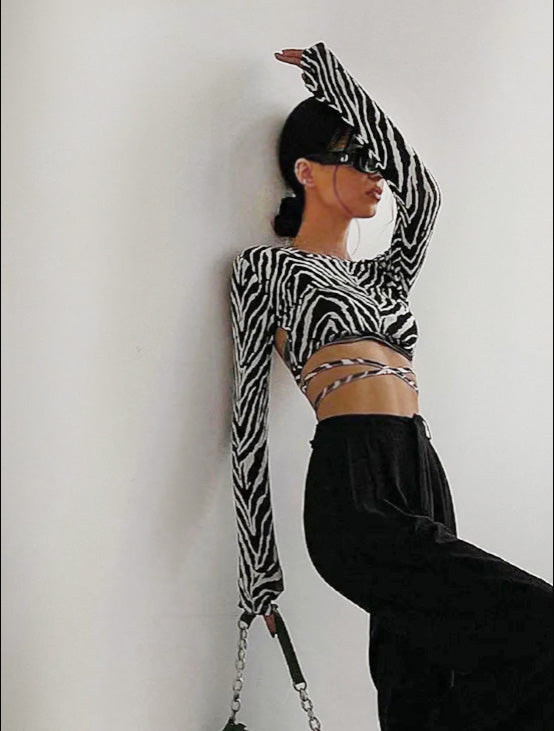 2025 Sexy Backless Lace Up Top Zebra Print O-neck Long Sleeve T-Shirt