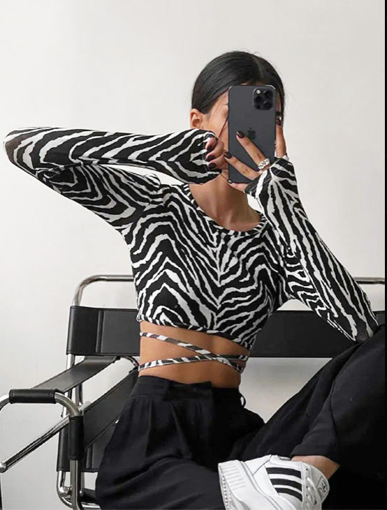 2025 Sexy Backless Lace Up Top Zebra Print O-neck Long Sleeve T-Shirt