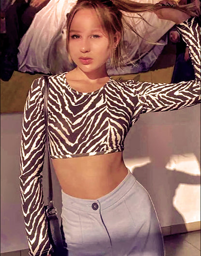 2025 Sexy Backless Lace Up Top Zebra Print O-neck Long Sleeve T-Shirt